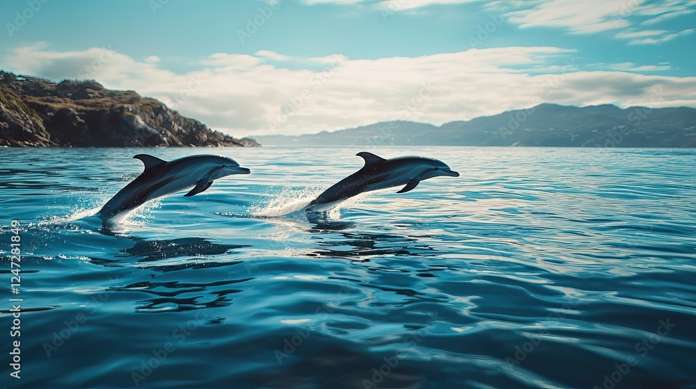 Two Dolphins Jumping Gracefully in Clear Blue Ocean with Rocky Coastline in the Background Two Dolphins Jumping Gracefully in Clear Blue Ocean with Rocky Coastline in the Background