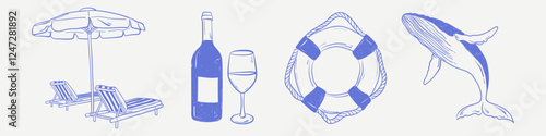 Blue sea vacation illustrations of whale, wine, beach loungers with sun umbrella, lifebuoy. Doodle sketch drawing for invitation wedding or party. Summer hand drawn elements.	