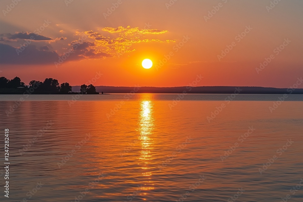 A huge red sun is setting over the sea A huge red sun is setting over the sea
