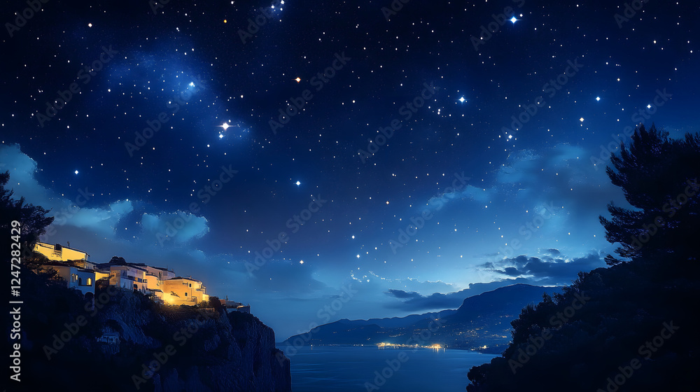 Fototapeta premium A peaceful night sky with stars shining brightly, creating a vast and breathtaking celestial scene that captures the essence of wonder and calm.