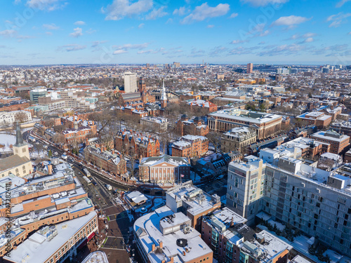 Old Harvard Yard aerial view in winter including Memorial Hall, Memorial Church, Widener Library and University Hall in historic center of Cambridge, Massachusetts MA, USA. 