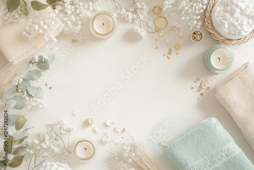 Conjunto de itens de spa com toalhas  velas e elementos decorativos em tons neutros  capturados com luz natural suave  criado com IA generativa.