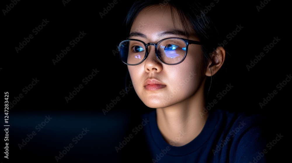 Fototapeta premium Young Engineer Designing Sustainable Water Solutions in a Dark Environment