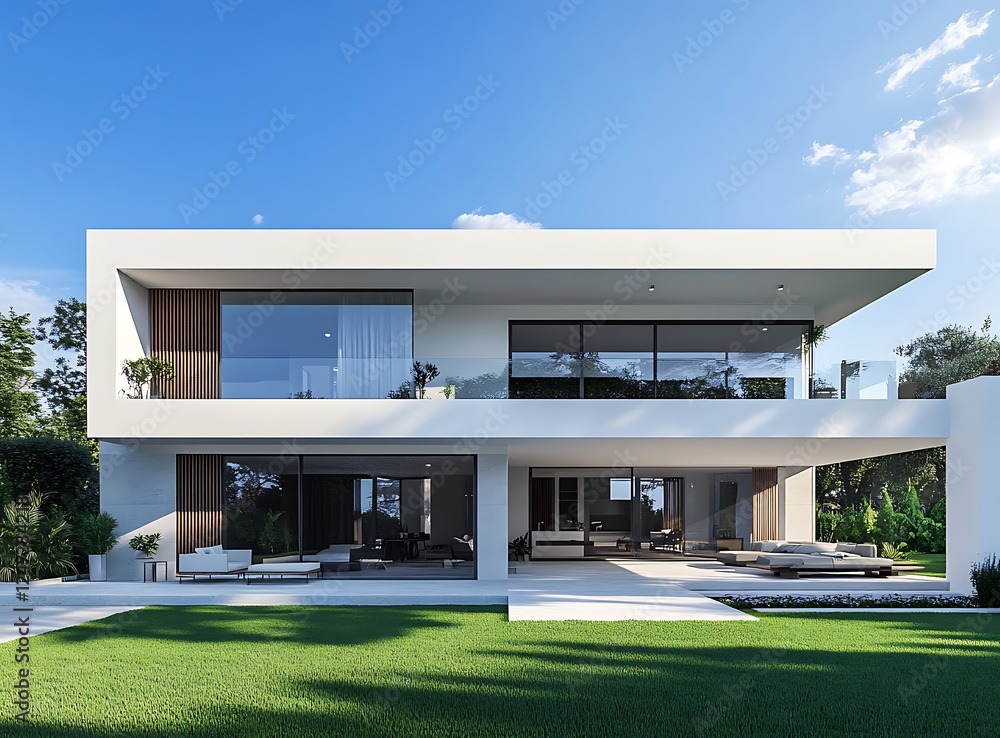 Modern house exterior with blue sky, green lawn, and white walls Modern house exterior with blue sky, green lawn, and white walls