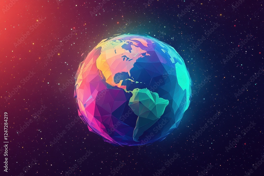 Low Polygonal Earth In Vibrant Cosmic Space Low Polygonal Earth In Vibrant Cosmic Space