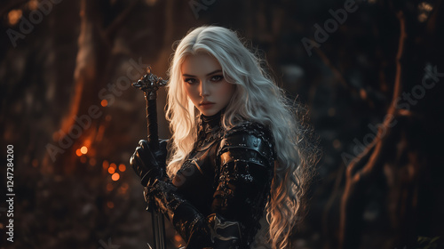 young woman with white hairs and a sword