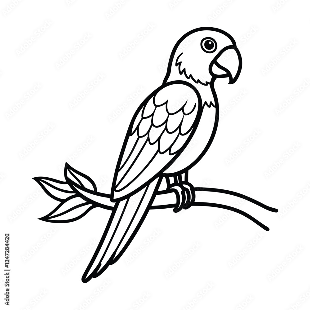 Simple black and white illustration of a parrot perched on a branch. Simple black and white illustration of a parrot perched on a branch.