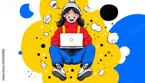 A girl in a red sweater sits cross-legged, focused on her laptop amid colorful shapes photo