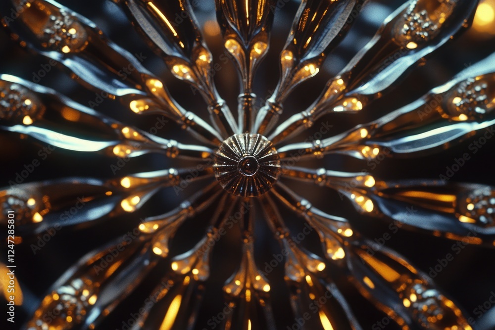A close up of a large, ornate, gold and silver object with many small, reflective points A close up of a large, ornate, gold and silver object with many small, reflective points