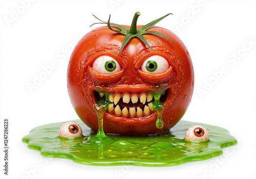 Halloween monster tomato with diabolical eyes and teeth oozing green slime - isolated on white