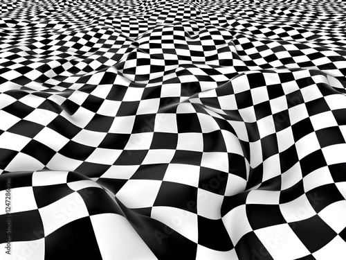 Black and white checkered pattern with a warped, 3D optical illusion effect, creating a mesmerizing visual trick. photo