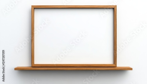 A wooden frame sits on a minimal shelf, ready for artwork or decoration in a simple space