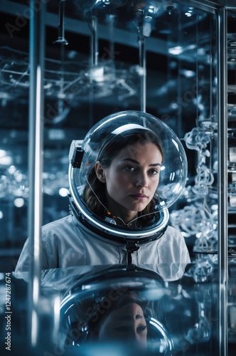 Astronaut in experimental gear gazes intently in a high-tech lab, embodying exploration and scientific advancement in space travel.