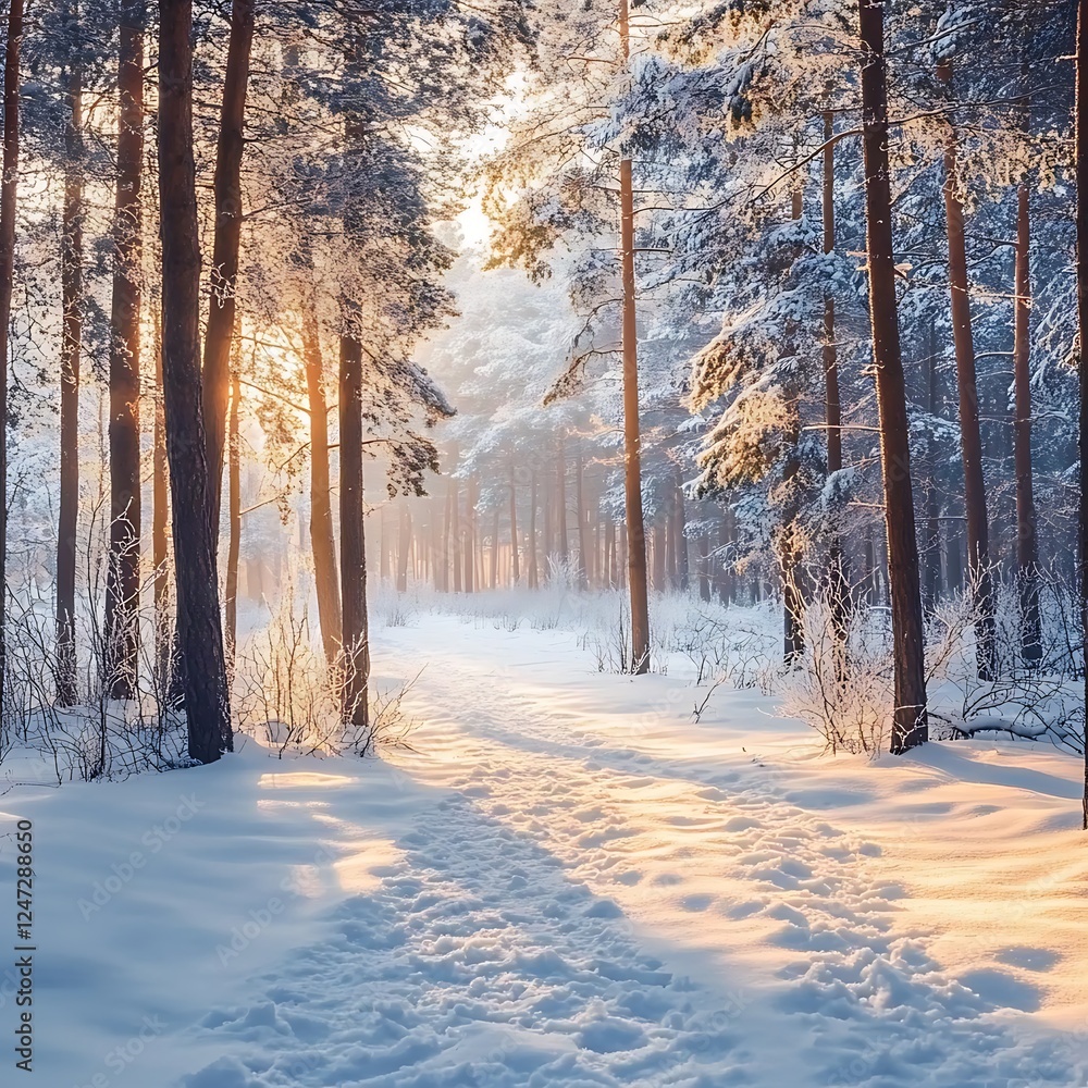 Sunlit winter forest path snow falling light nature calm silence wallpaper image Sunlit winter forest path snow falling light nature calm silence wallpaper image