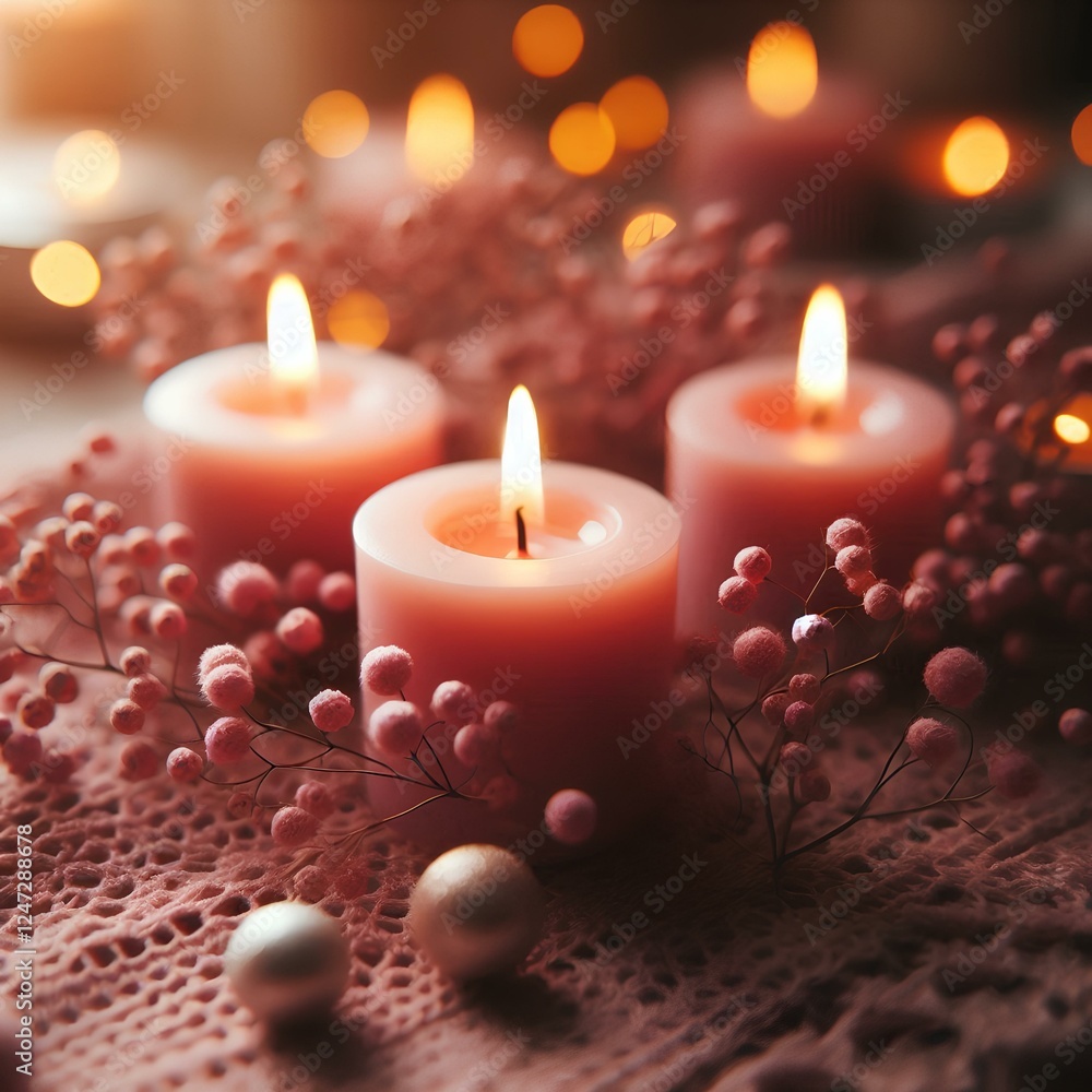 Close-up of delicate pink candles, warm light, cozy atmosphere Close-up of delicate pink candles, warm light, cozy atmosphere