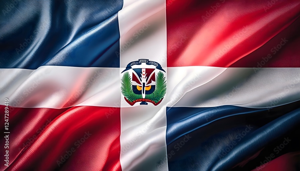 Fototapeta premium Vibrant Dominican Republic flag waving with luxurious satin texture - Patriotic and cultural symbol