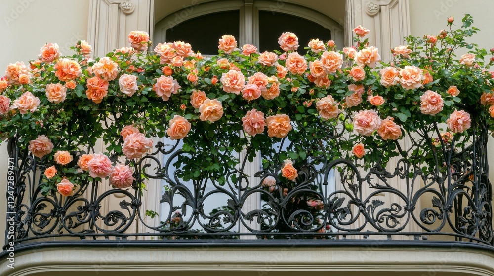 Naklejka premium A stunning balcony decorated with clusters of peach roses, flourishing in the afternoon light. The intricate wrought iron railing enhances the natural beauty, creating a charming urban oasis