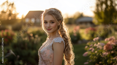 young girl in a pink dirndl dress with flowers and a sunny day