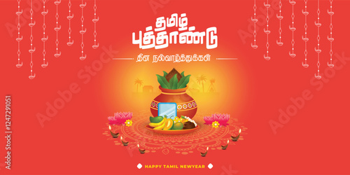 Flat illustration of Puthandu Vaztukhal, Tamil New Year post with fruits and flowers