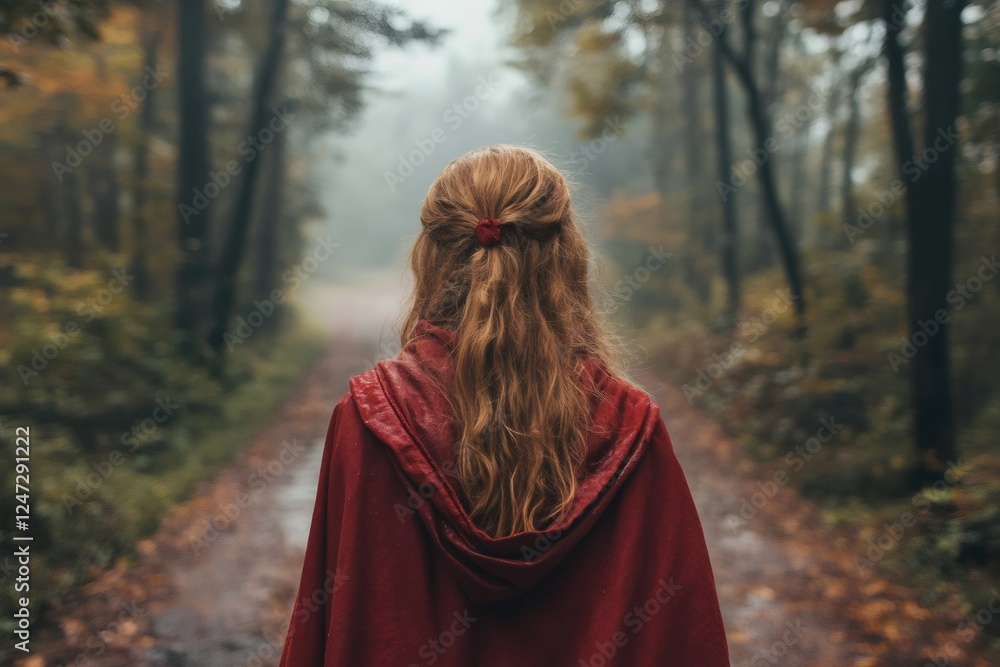 Woman with red cloak walking on a path in foggy forest Woman with red cloak walking on a path in foggy forest