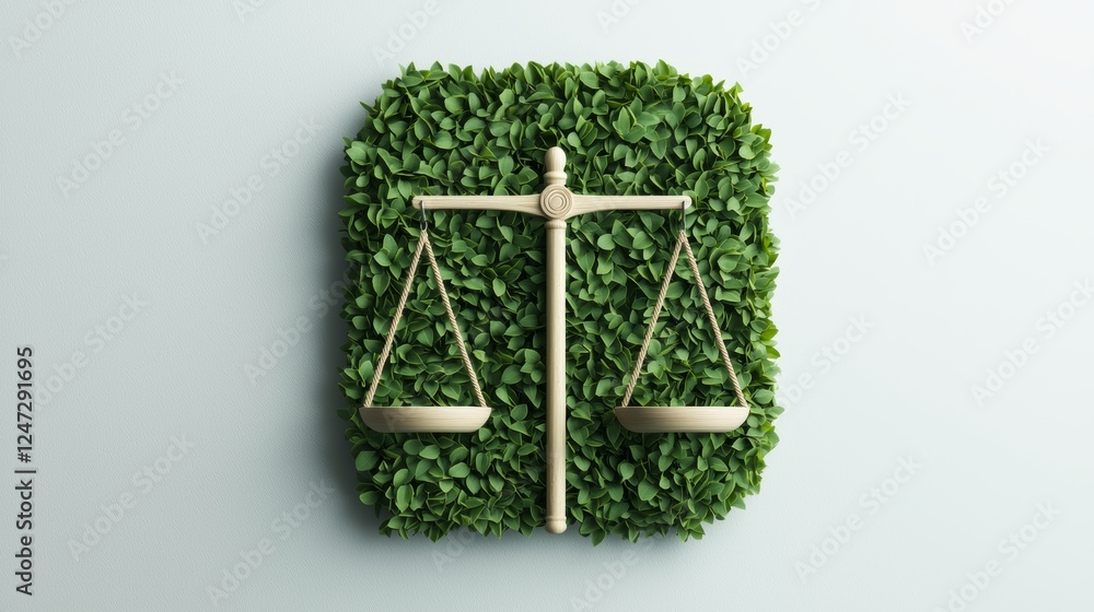 Balanced Scale Symbol with Leaves on a Green Background for Greener Future Concept Balanced Scale Symbol with Leaves on a Green Background for Greener Future Concept
