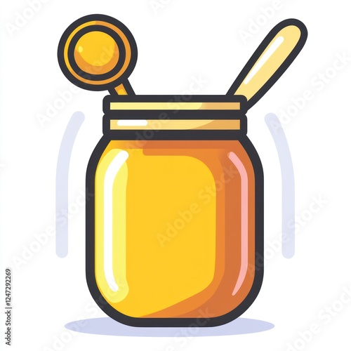 Open jar of honey with spoon, simple illustration photo