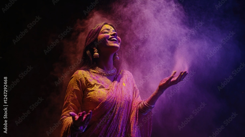 Indian female vocalist in traditional dress performing on stage with colorful smoke and purple light effects. Indian female vocalist in traditional dress performing on stage with colorful smoke and purple light effects.