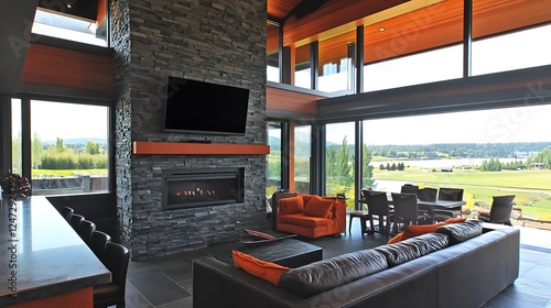 Modern home living room, lake view