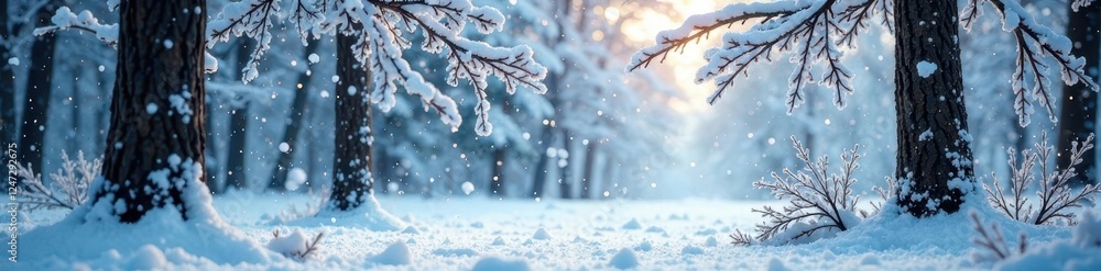 Snowy forest with intricate snowflakes gently falling on the trees, winter, branches, snow Snowy forest with intricate snowflakes gently falling on the trees, winter, branches, snow