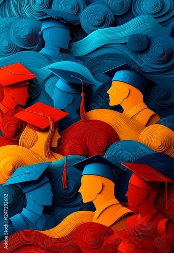 Colorful Paper Art Representation of Graduating Students with Caps and Gowns