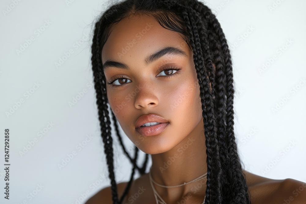Young model posing with long braided hair and natural makeup Young model posing with long braided hair and natural makeup
