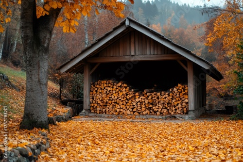 Woodshed storing firewood logs in autumn forest landscape photo