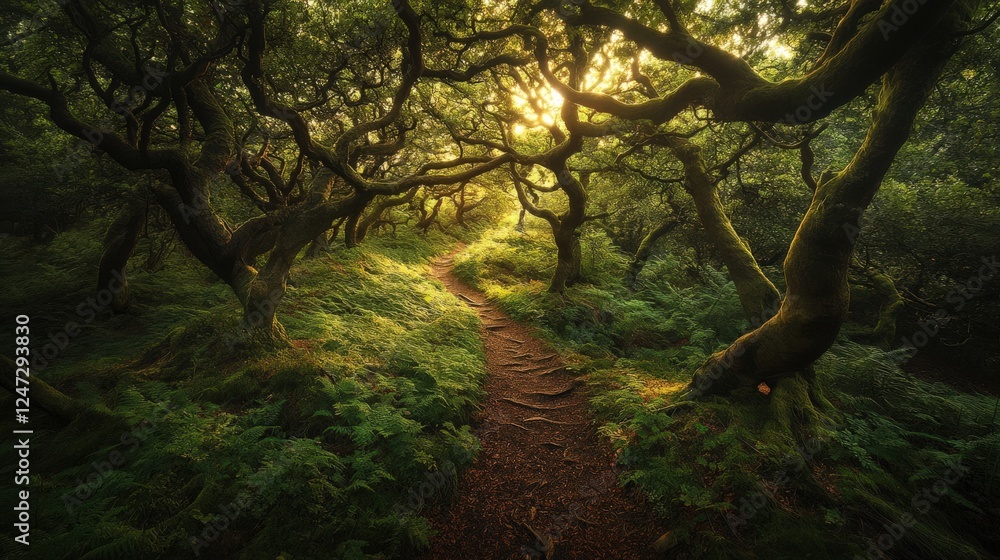 Fototapeta premium Serene Forest Pathway with Sunlight Filtering Through Lush Greenery