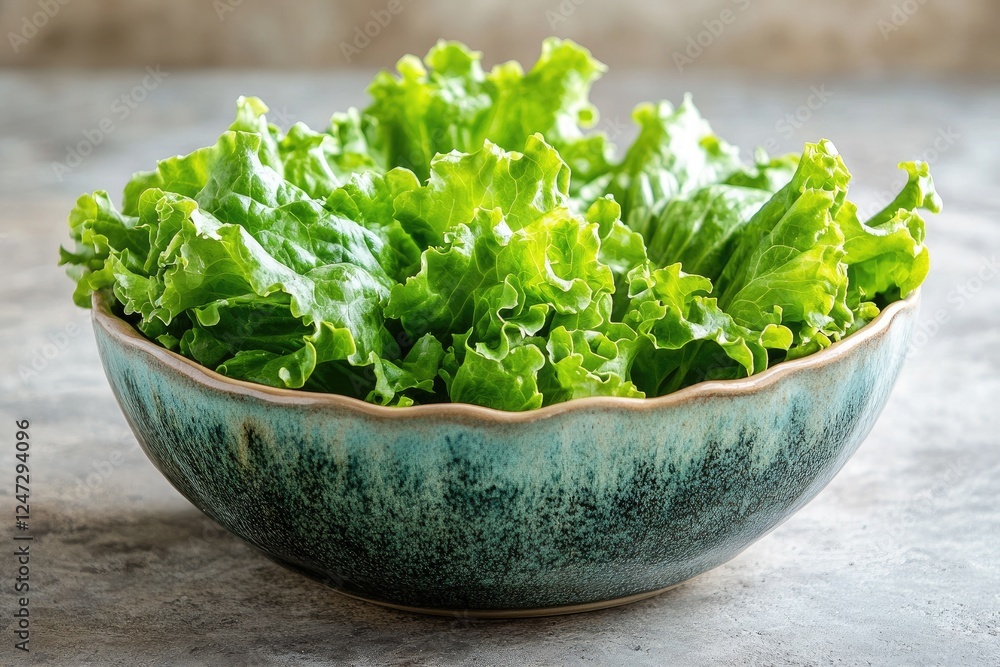 Fresh green lettuce in artistic ceramic bowl Fresh green lettuce in artistic ceramic bowl