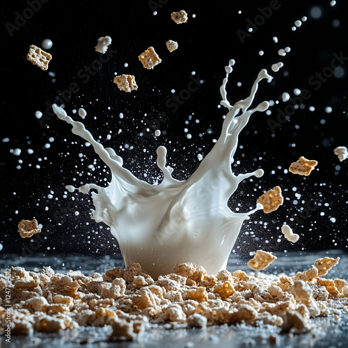 Morning delight with splashes of milk and cereal creating a playful scene in a cozy kitchen. Generative AI photo