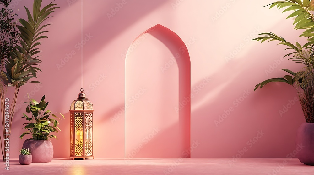 Fototapeta premium Pink Room Decor With Lantern And Plants