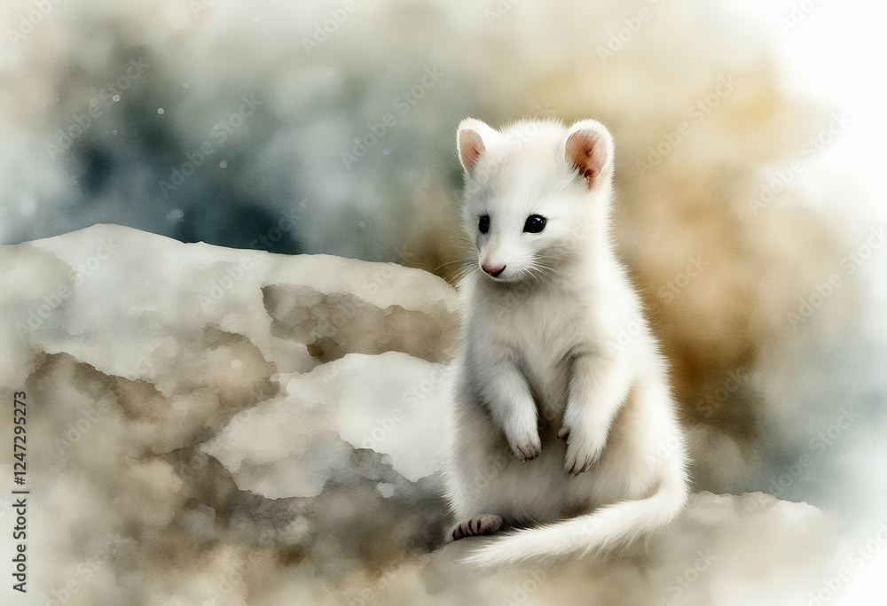 Fototapeta premium isolated illustration ermine white background animal watercolor
