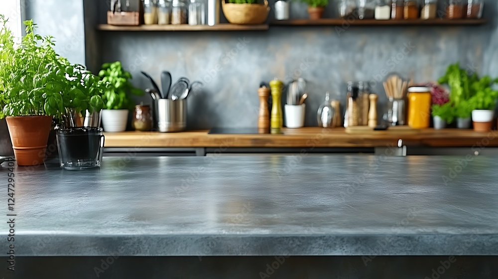 Modern Kitchen Countertop with Herbs and Utensils in Background Modern Kitchen Countertop with Herbs and Utensils in Background