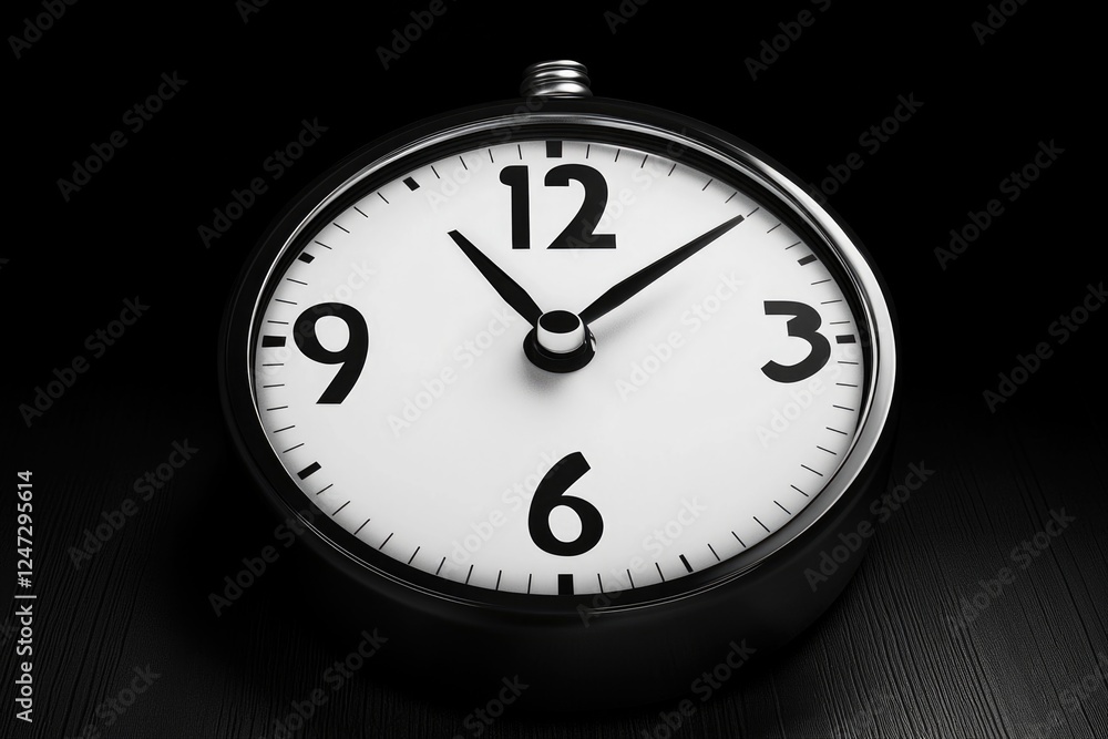 A black and white clock with the hands at the numbers 3 and 6. The clock is set to the time of 3:06 A black and white clock with the hands at the numbers 3 and 6. The clock is set to the time of 3:06