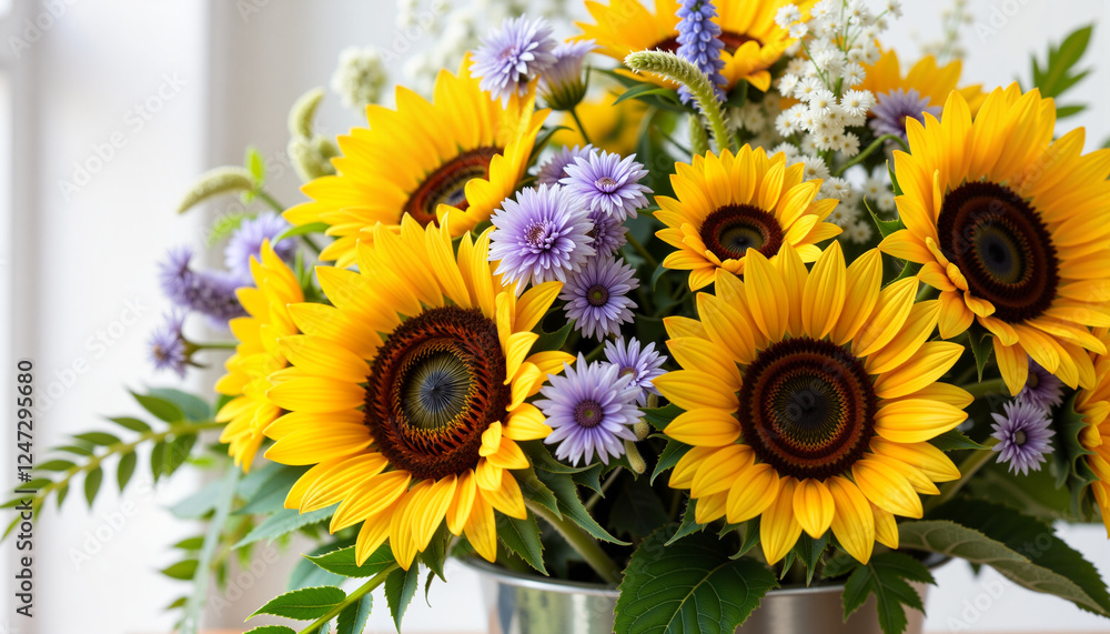 Fototapeta premium Bright sunflower and daisy arrangement for a somber occasion, remembrance