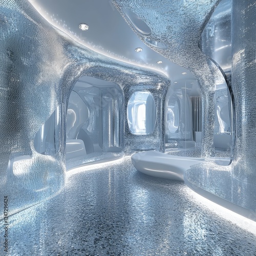 Futuristic corridor with glass walls and concrete floor. 3d render