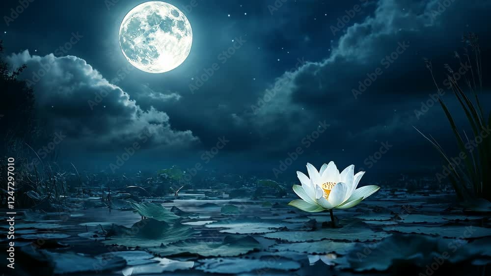 Moonlit night casts serene light over water lily in tranquil pond surrounded by clouds