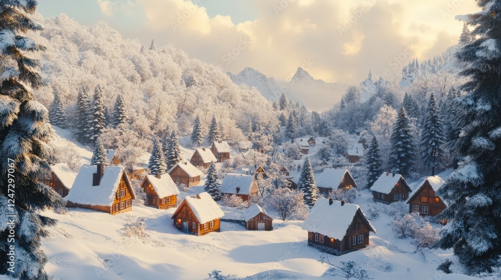 Fototapeta premium Winter Village Scene Surrounded by Snowy Mountains and Pine Trees