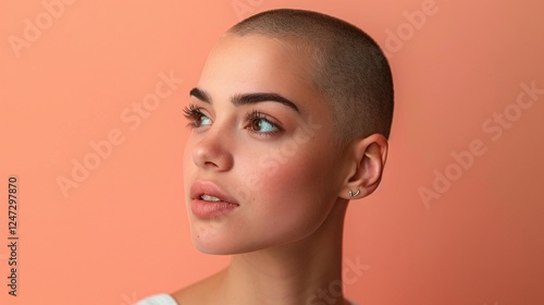 Woman with shaved buzz cut, Minimal peach background, Natural skin, Modern edgy look, Confident portrait, Contemporary beauty, Simple hairstyle, Bold personal style

