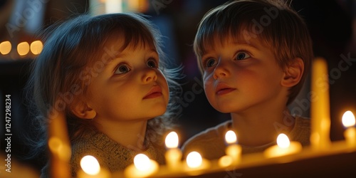 Children gaze into candlelight, creating a reflection. A magical holiday moment. photo