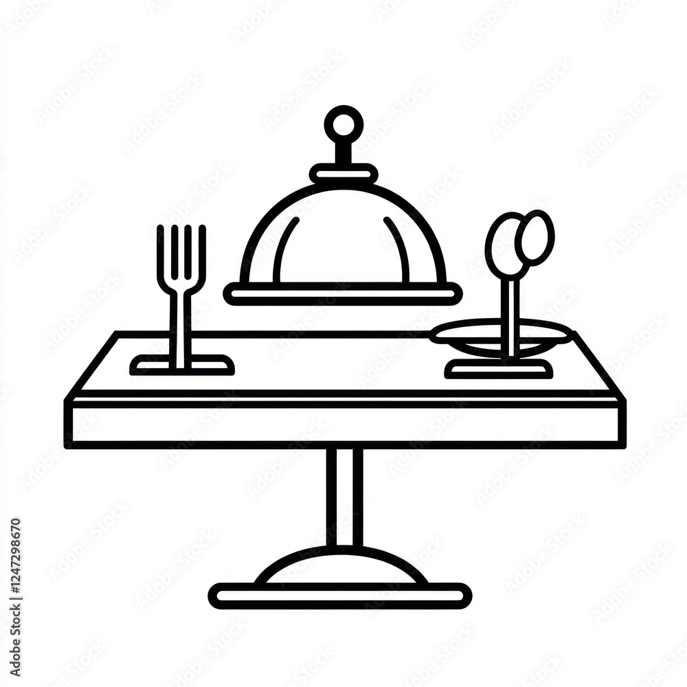 Restaurant Line Art Elegant dining table setting with a covered dish. Illustration Restaurant Line Art Elegant dining table setting with a covered dish. Illustration