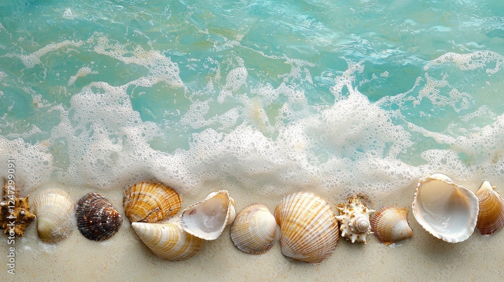 A vibrant array of colorful seashells rests elegantly on the fine sand, while gentle waves lap at the shore, creating a serene atmosphere filled with natural beauty and tranquility A vibrant array of colorful seashells rests elegantly on the fine sand, while gentle waves lap at the shore, creating a serene atmosphere filled with natural beauty and tranquility