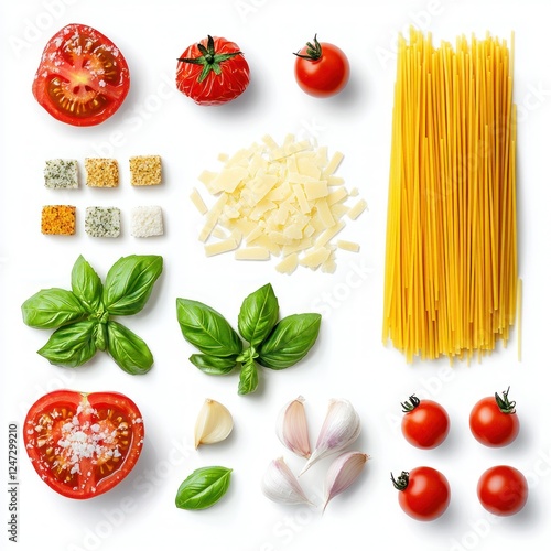 Italian pasta ingredients studio shot, white background