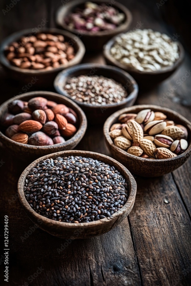 A variety of nuts and seeds are displayed in wooden bowls on a wooden table. The bowls are arranged in a row, with each one containing a different type of nut or seed. Concept of abundance and variety A variety of nuts and seeds are displayed in wooden bowls on a wooden table. The bowls are arranged in a row, with each one containing a different type of nut or seed. Concept of abundance and variety