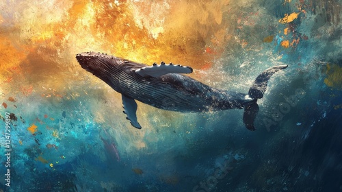 A Baby Humpback Whale Plays Near the Surface in Blue Water